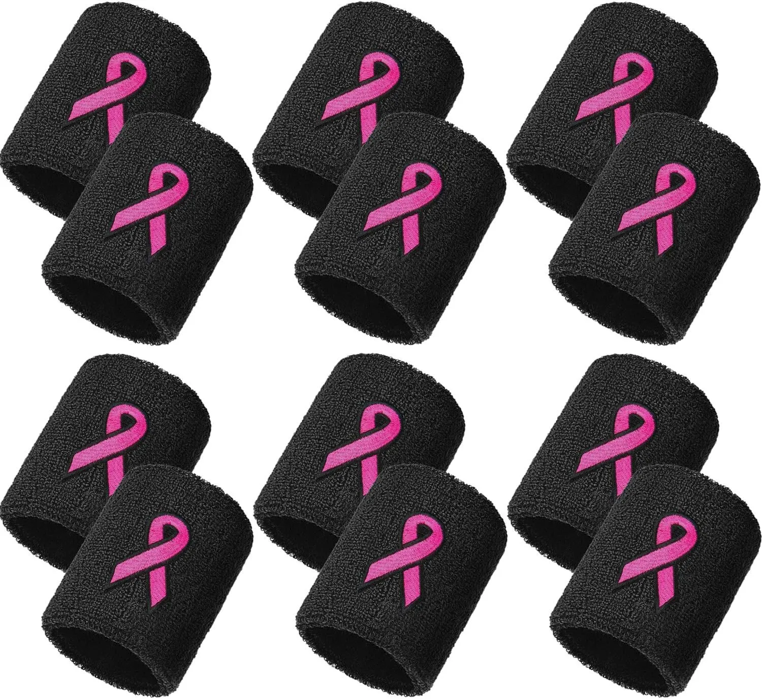 12 Pack Breast Cancer Awareness Wristbands Bulk Pink Ribbon Sweatbands for Men and Women, Basketball Baseball Running and Supporting Breast Cancer Awareness Month