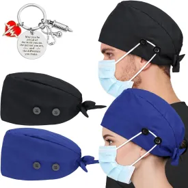 2 Pcs Satin Lined Scrub Cap Nurse Hats for Women Men 4 Buttons