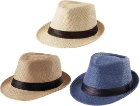 3 Pack Men Women Straw Panama Hat Fedora Beach Sun Hat Short Brim Trilby Hat