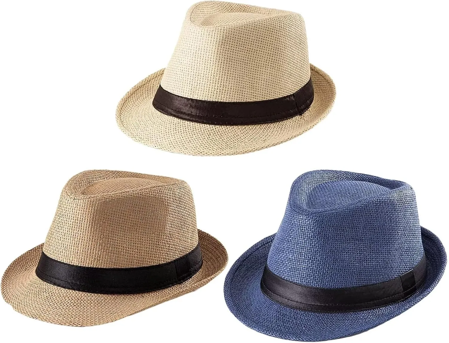 3 Pack Men Women Straw Panama Hat Fedora Beach Sun Hat Short Brim Trilby Hat