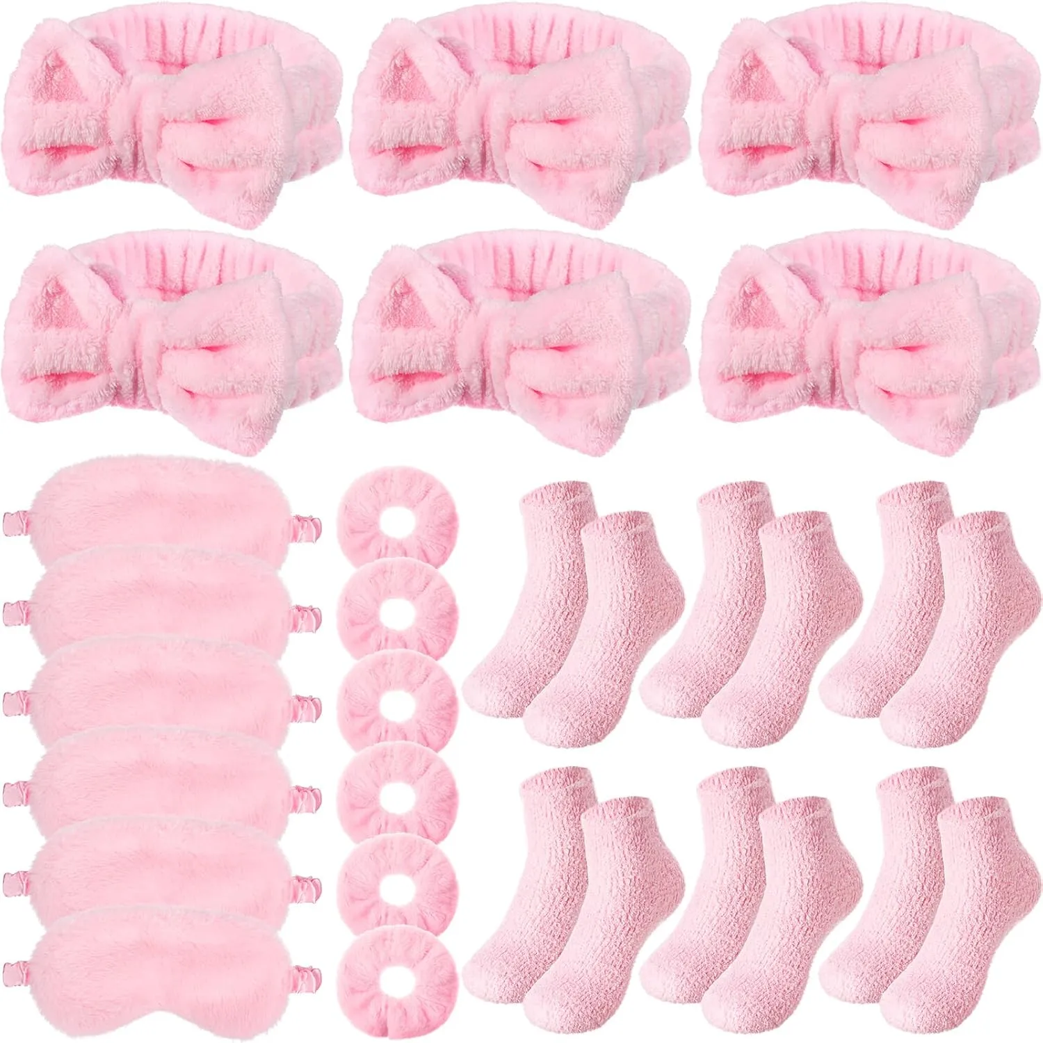 30 Pieces Spa Sleepover Party Supplies 6 Pink Bow Headband 6 Plush Sleep Eye Mask 6 Velvet Scrunchies 6 Pair Fuzzy Sock for Spa Slumber Party Favors Gift