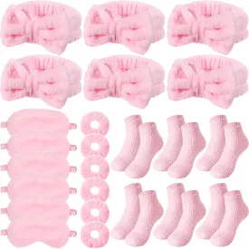 30 Pieces Spa Sleepover Party Supplies 6 Pink Bow Headband 6 Plush Sleep Eye Mask 6 Velvet Scrunchies 6 Pair Fuzzy Sock for Spa Slumber Party Favors Gift