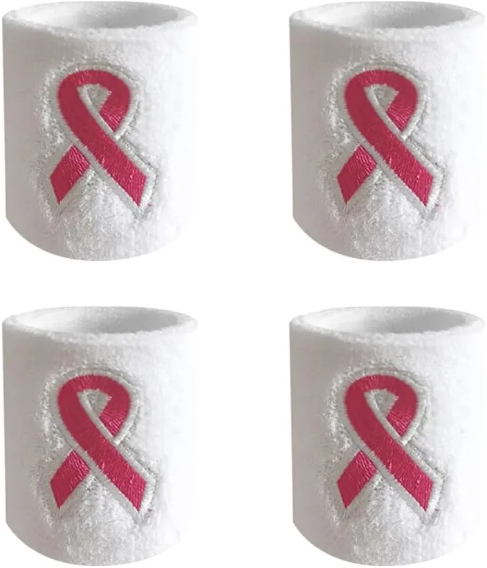 4 Pcs Breast Cancer Awareness Ribbon Wristbands Stretchy Sport Wristbands Athletic Sweat Wristbands Basketball Tennis Wrist Bands Workout Wrist Support Bands White