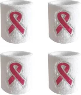 4 Pcs Breast Cancer Awareness Ribbon Wristbands Stretchy Sport Wristbands Athletic Sweat Wristbands Basketball Tennis Wrist Bands Workout Wrist Support Bands White