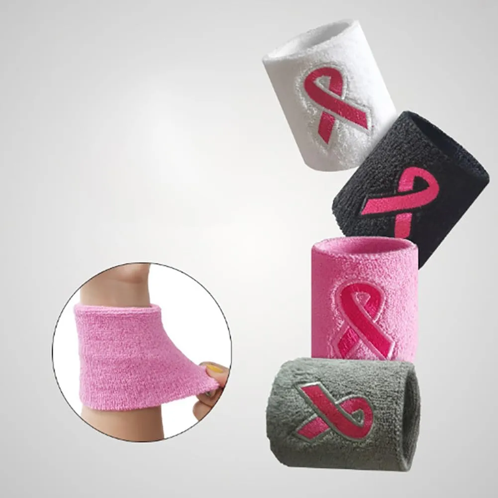 4 Pcs Breast Cancer Awareness Ribbon Wristbands Stretchy Sport Wristbands Athletic Sweat Wristbands Basketball Tennis Wrist Bands Workout Wrist Support Bands White