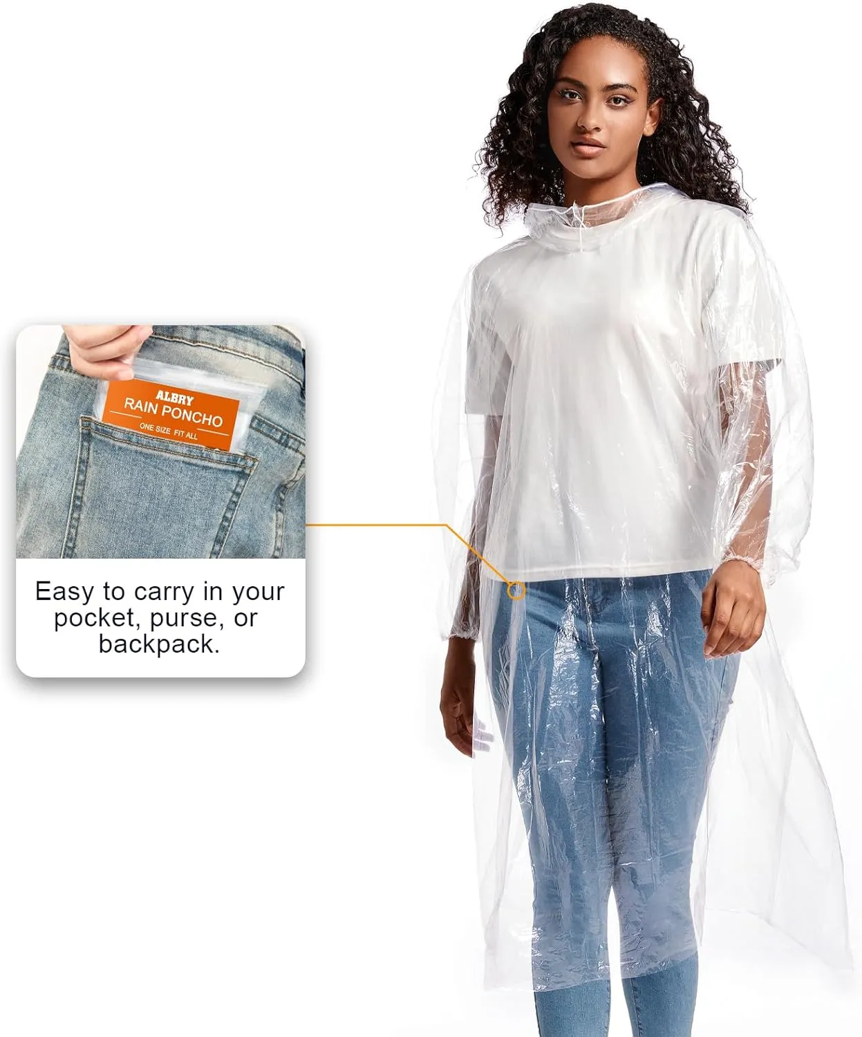 ALBRY Disposable Rain Ponchos for Adults with Drawstring Hood - Emergency Rain Ponchos Family Pack for Women and Men,Clear