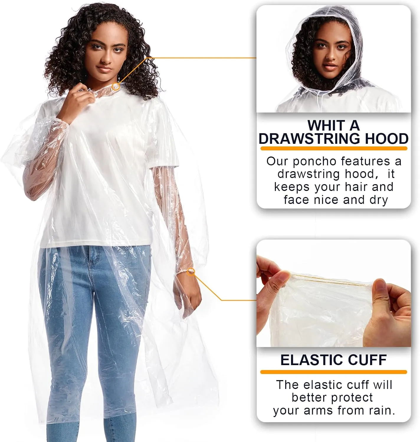 ALBRY Disposable Rain Ponchos for Adults with Drawstring Hood - Emergency Rain Ponchos Family Pack for Women and Men,Clear