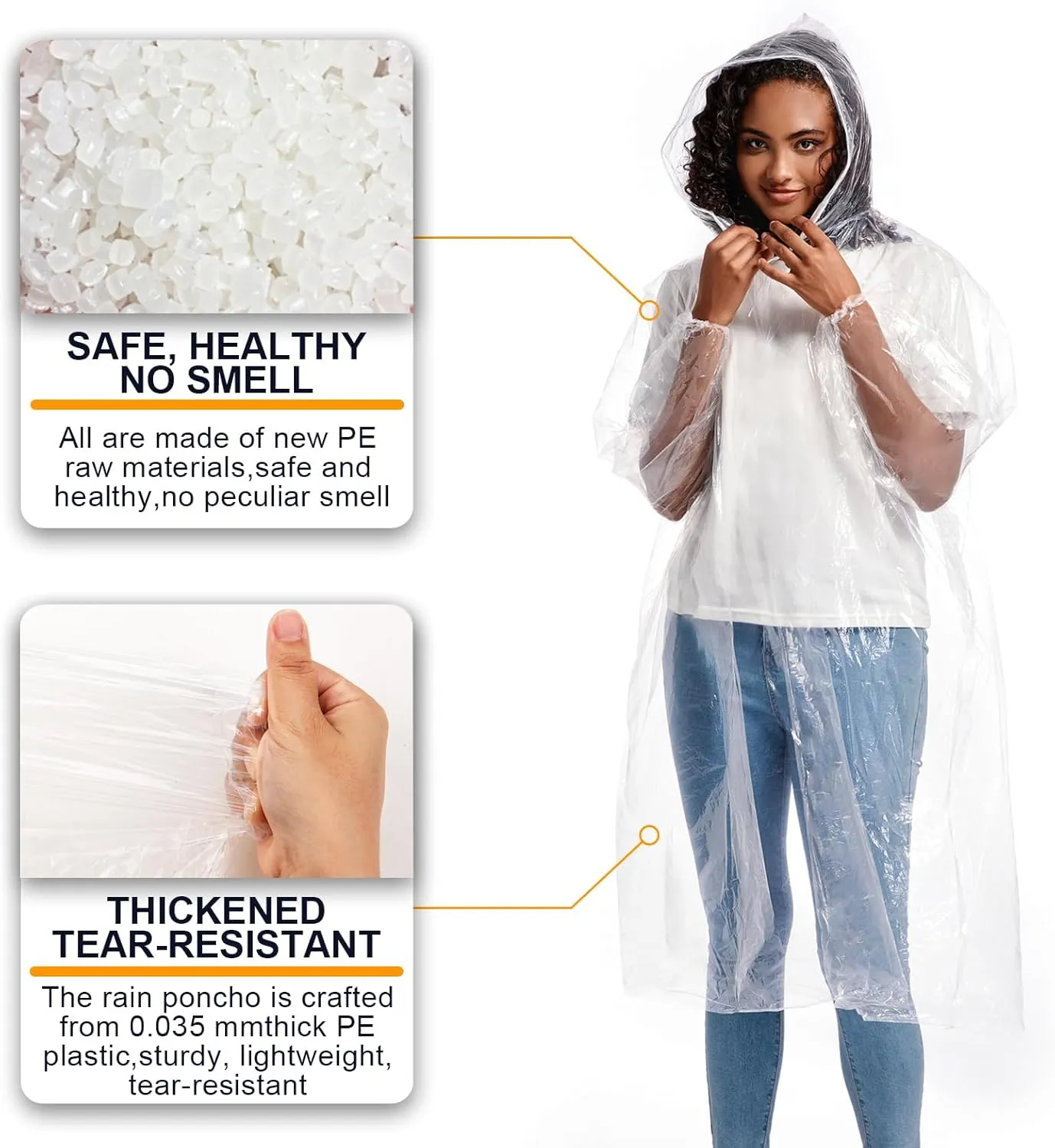 ALBRY Disposable Rain Ponchos for Adults with Drawstring Hood - Emergency Rain Ponchos Family Pack for Women and Men,Clear