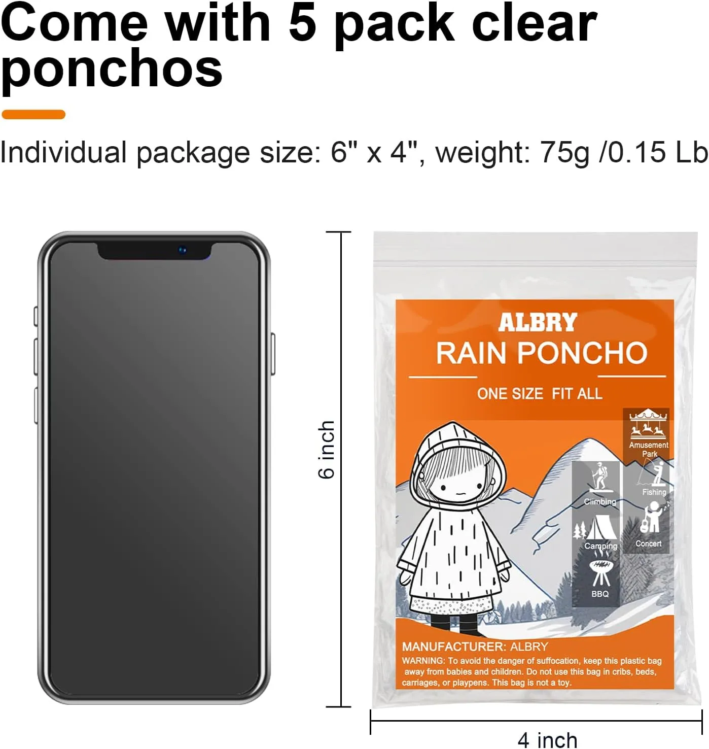 ALBRY Disposable Rain Ponchos for Adults with Drawstring Hood - Emergency Rain Ponchos Family Pack for Women and Men,Clear