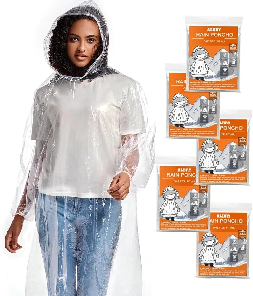ALBRY Disposable Rain Ponchos for Adults with Drawstring Hood - Emergency Rain Ponchos Family Pack for Women and Men,Clear
