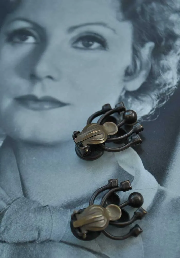 Antique Arts & Crafts Nouveau Green Moonglow Clip On Earrings