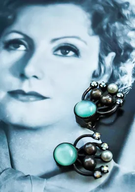 Antique Arts & Crafts Nouveau Green Moonglow Clip On Earrings