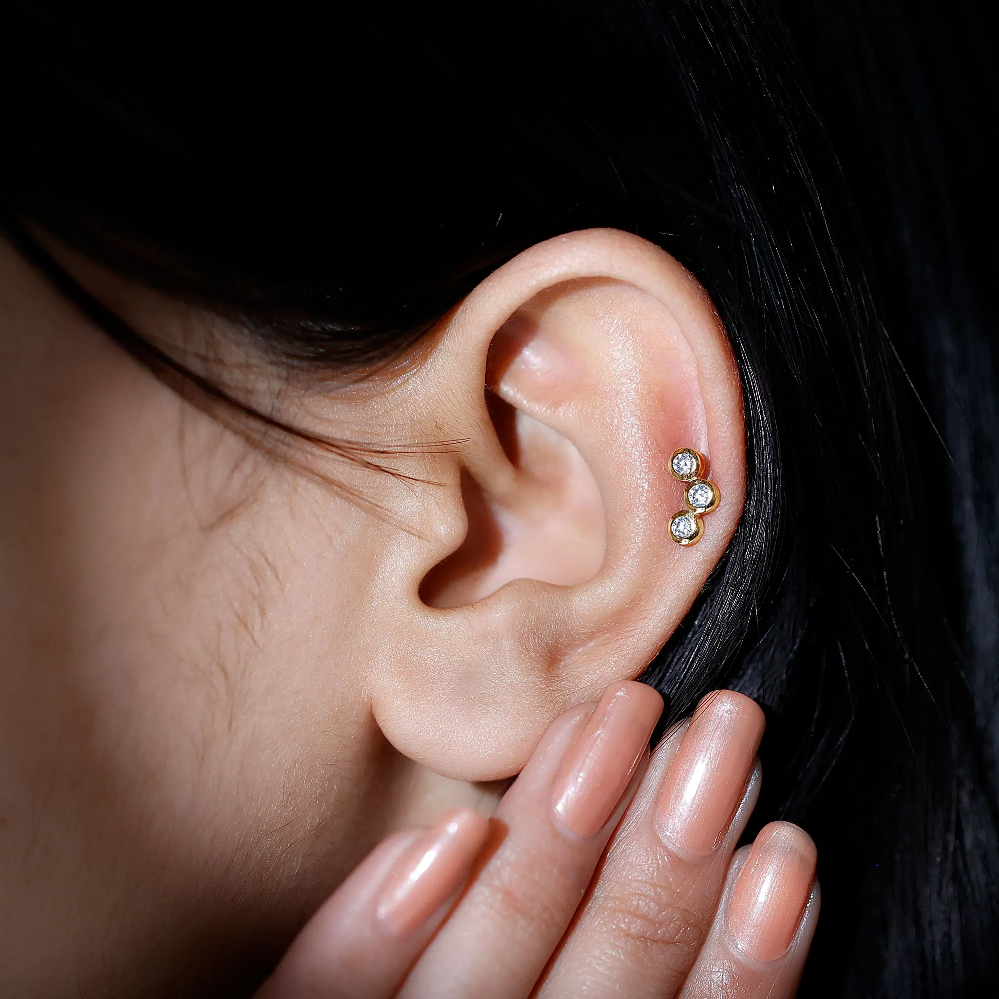 Bezel Set Moissanite Three Stone Crawler Earring