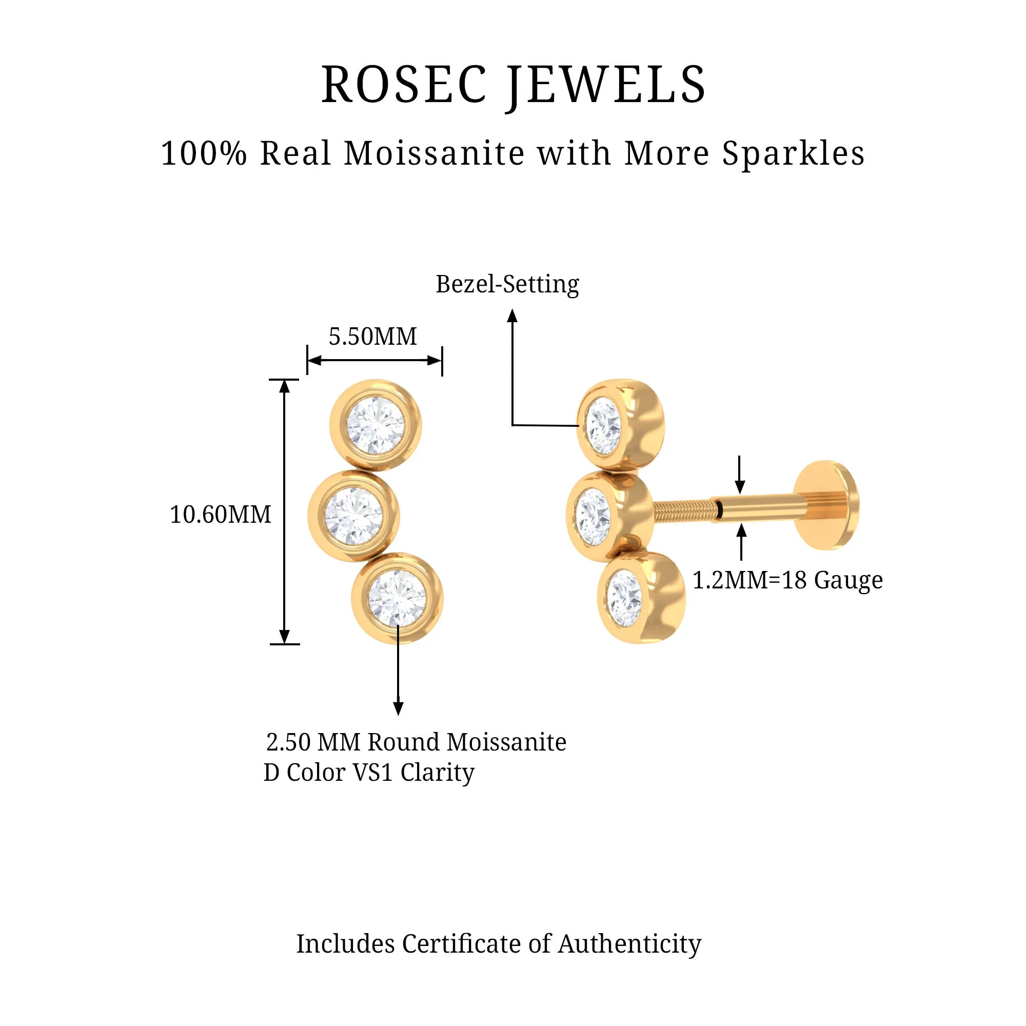 Bezel Set Moissanite Three Stone Crawler Earring