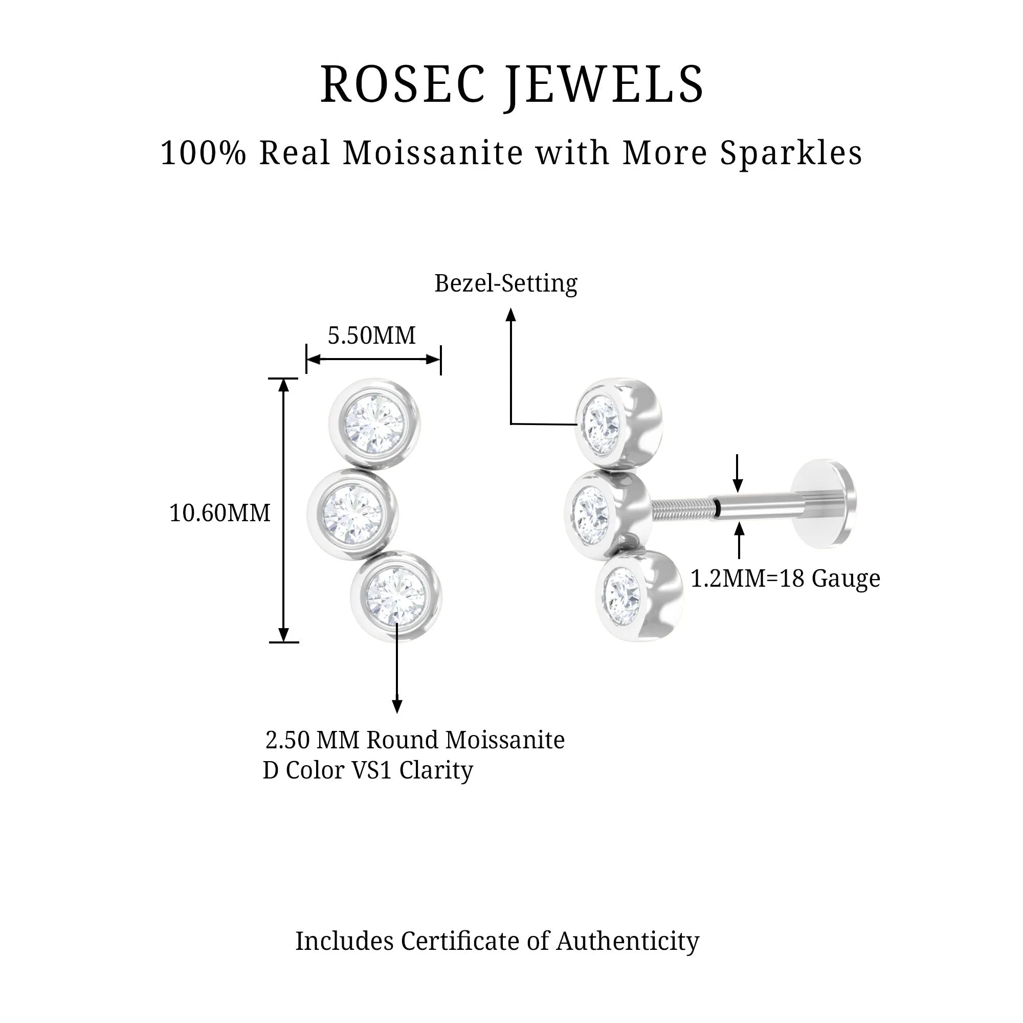 Bezel Set Moissanite Three Stone Crawler Earring