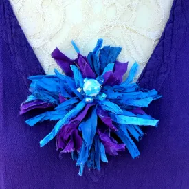 Blue with Purple Sari Silk Ribbon Flower Brooch - Large Fabric Floral Pin - Fiber Art Corsage