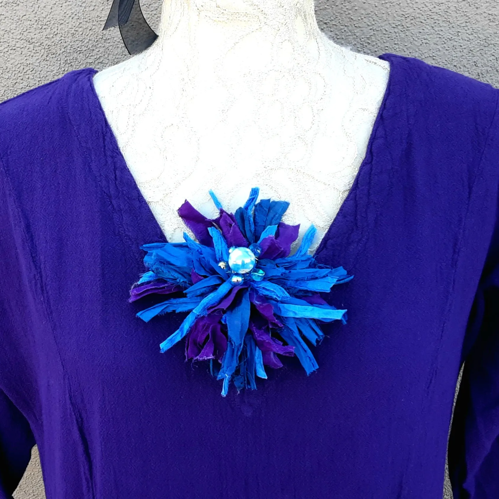 Blue with Purple Sari Silk Ribbon Flower Brooch - Large Fabric Floral Pin - Fiber Art Corsage