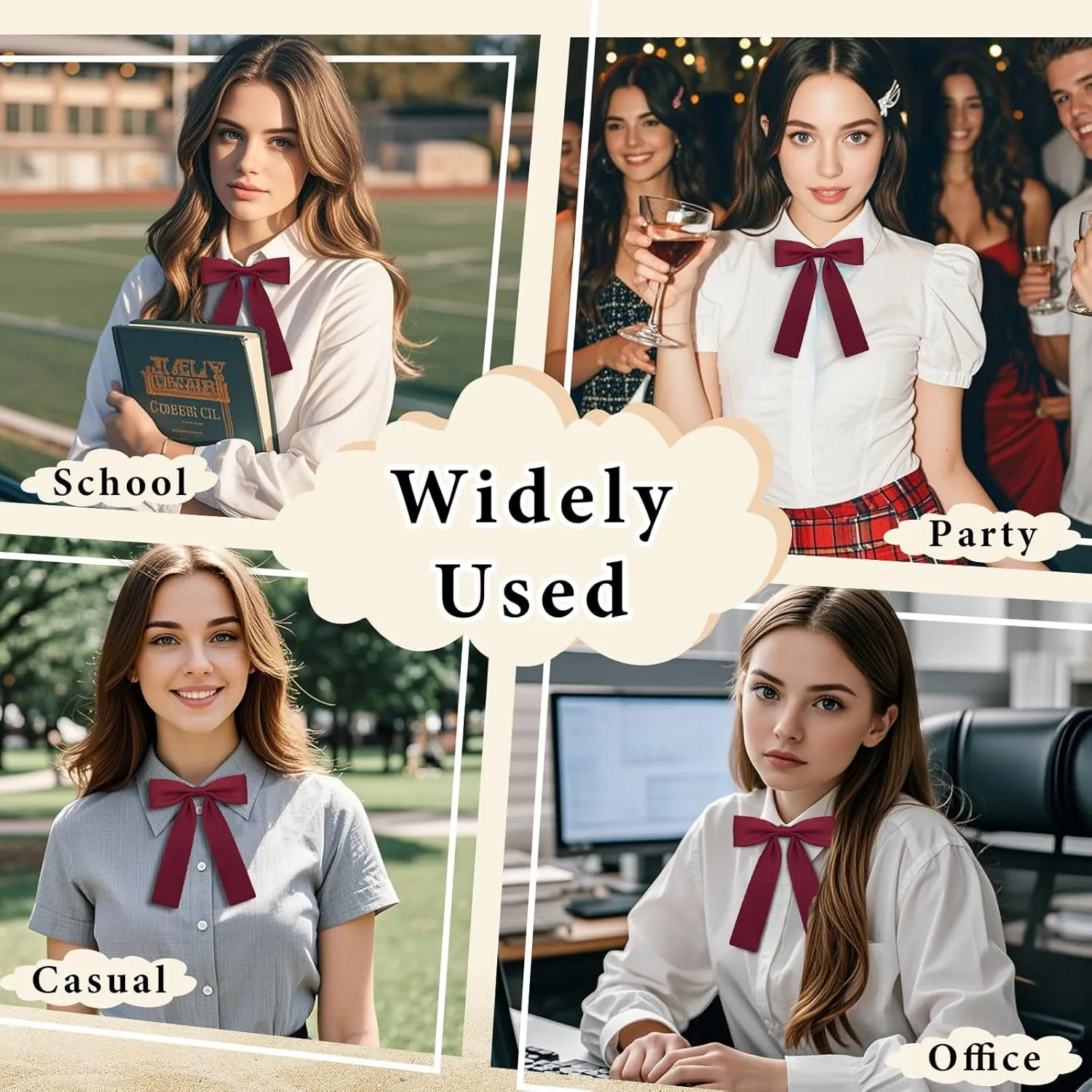 Bow Ties for Women Girls Pre-tied Adjustable Womens Bow Tie, Solid Color Ribbon Bowtie for Women School Uniform Shirt
