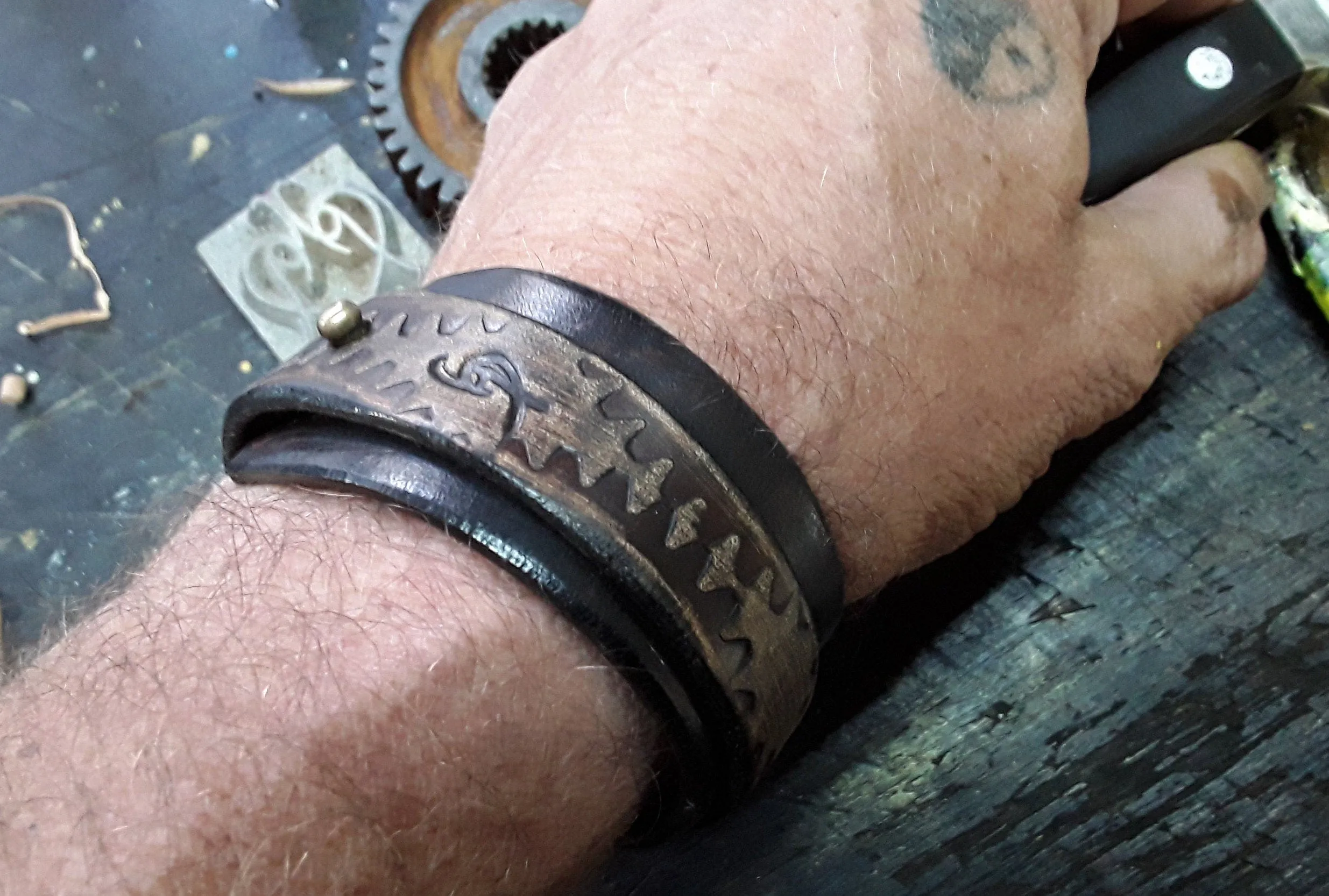 Brown Leather Steampunk Cuff Bracelet for Men - Mens Wrap Bracelet - Handcrafted Gift