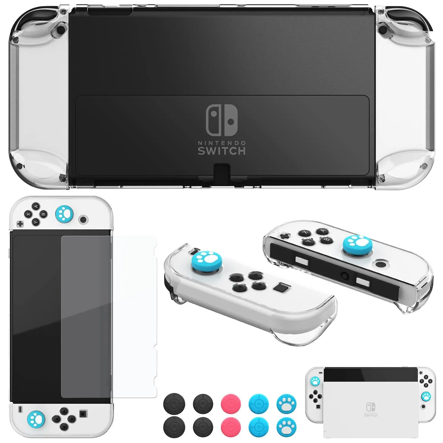 COMCOOL Dockable Case for Nintendo Switch Oled - [9 FT Military Grade Drop Protection] [with Tempered Glass Screen Protector] Crystal Protective Cover for Nintendo Switch Oled - Clear