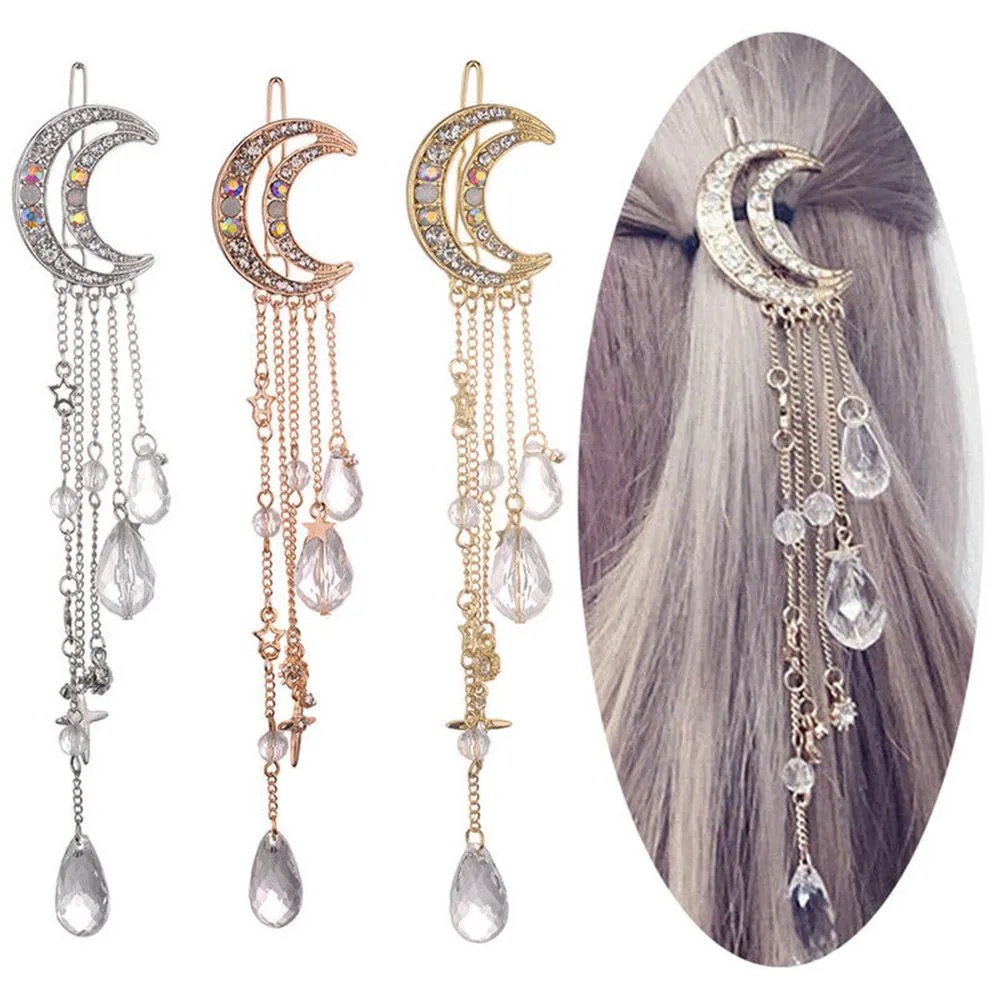 Crescent Moon Barrette Dangling Crystals Silver Gold Bronze Or Rose Gold Gypsy Hair Clip Celestial Waxing Moon Cast A Spell