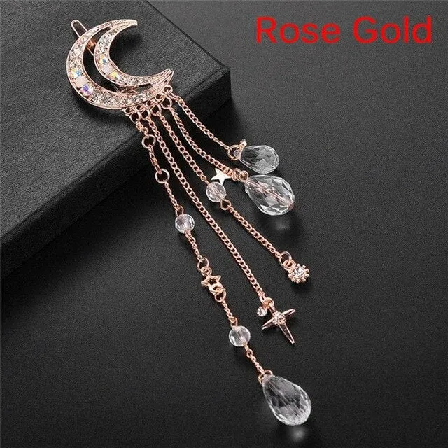 Crescent Moon Barrette Dangling Crystals Silver Gold Bronze Or Rose Gold Gypsy Hair Clip Celestial Waxing Moon Cast A Spell