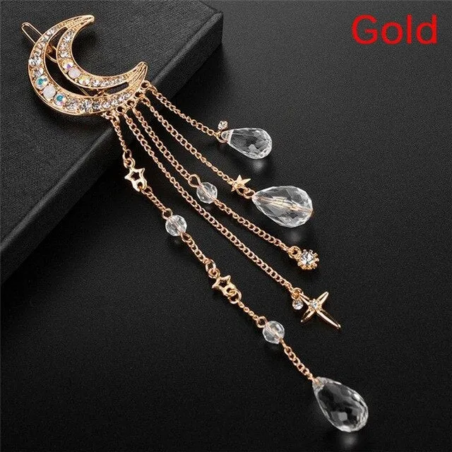 Crescent Moon Barrette Dangling Crystals Silver Gold Bronze Or Rose Gold Gypsy Hair Clip Celestial Waxing Moon Cast A Spell