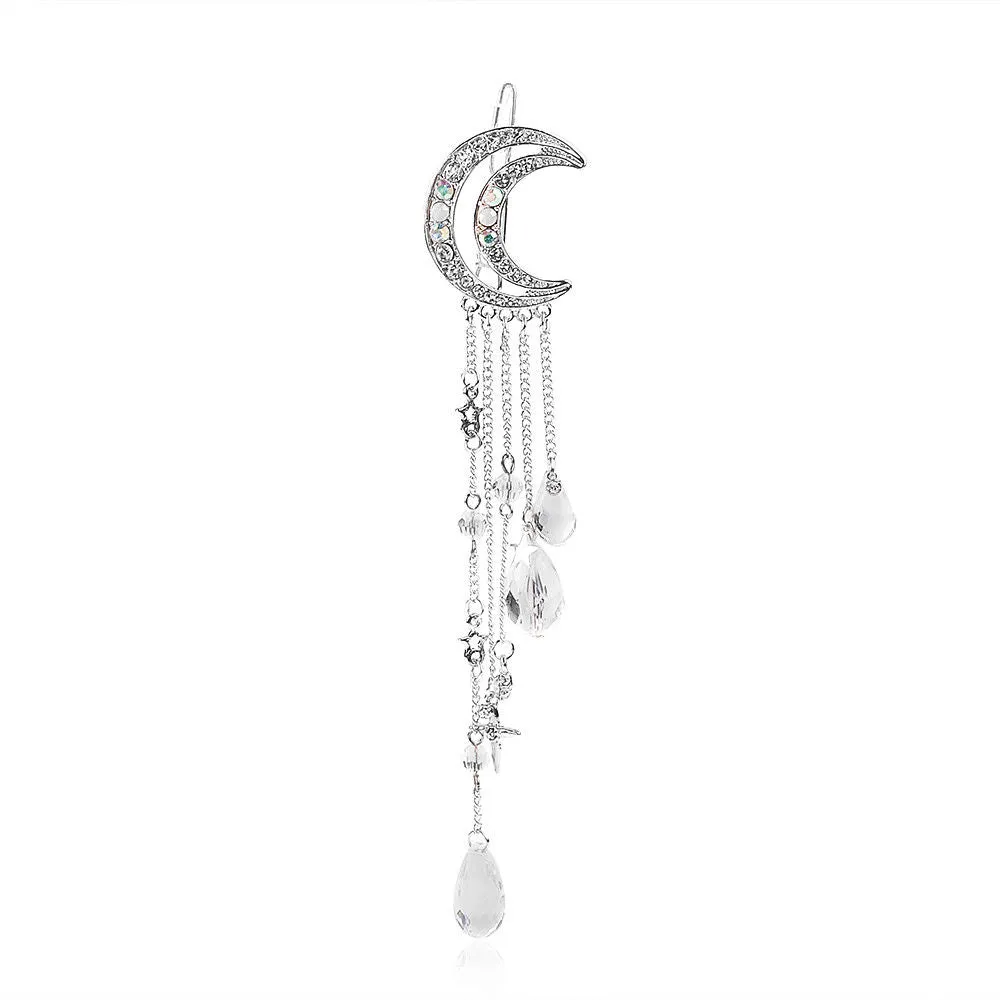 Crescent Moon Barrette Dangling Crystals Silver Gold Bronze Or Rose Gold Gypsy Hair Clip Celestial Waxing Moon Cast A Spell