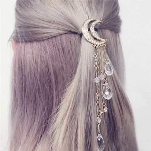 Crescent Moon Barrette Dangling Crystals Silver Gold Bronze Or Rose Gold Gypsy Hair Clip Celestial Waxing Moon Cast A Spell