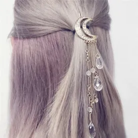 Crescent Moon Barrette Dangling Crystals Silver Gold Bronze Or Rose Gold Gypsy Hair Clip Celestial Waxing Moon Cast A Spell