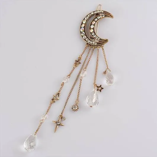 Crescent Moon Barrette Dangling Crystals Silver Gold Bronze Or Rose Gold Gypsy Hair Clip Celestial Waxing Moon Cast A Spell
