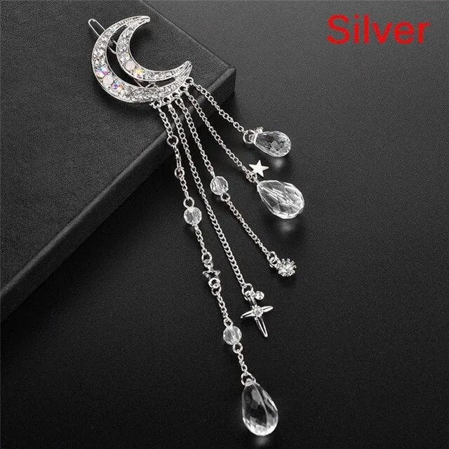 Crescent Moon Barrette Dangling Crystals Silver Gold Bronze Or Rose Gold Gypsy Hair Clip Celestial Waxing Moon Cast A Spell