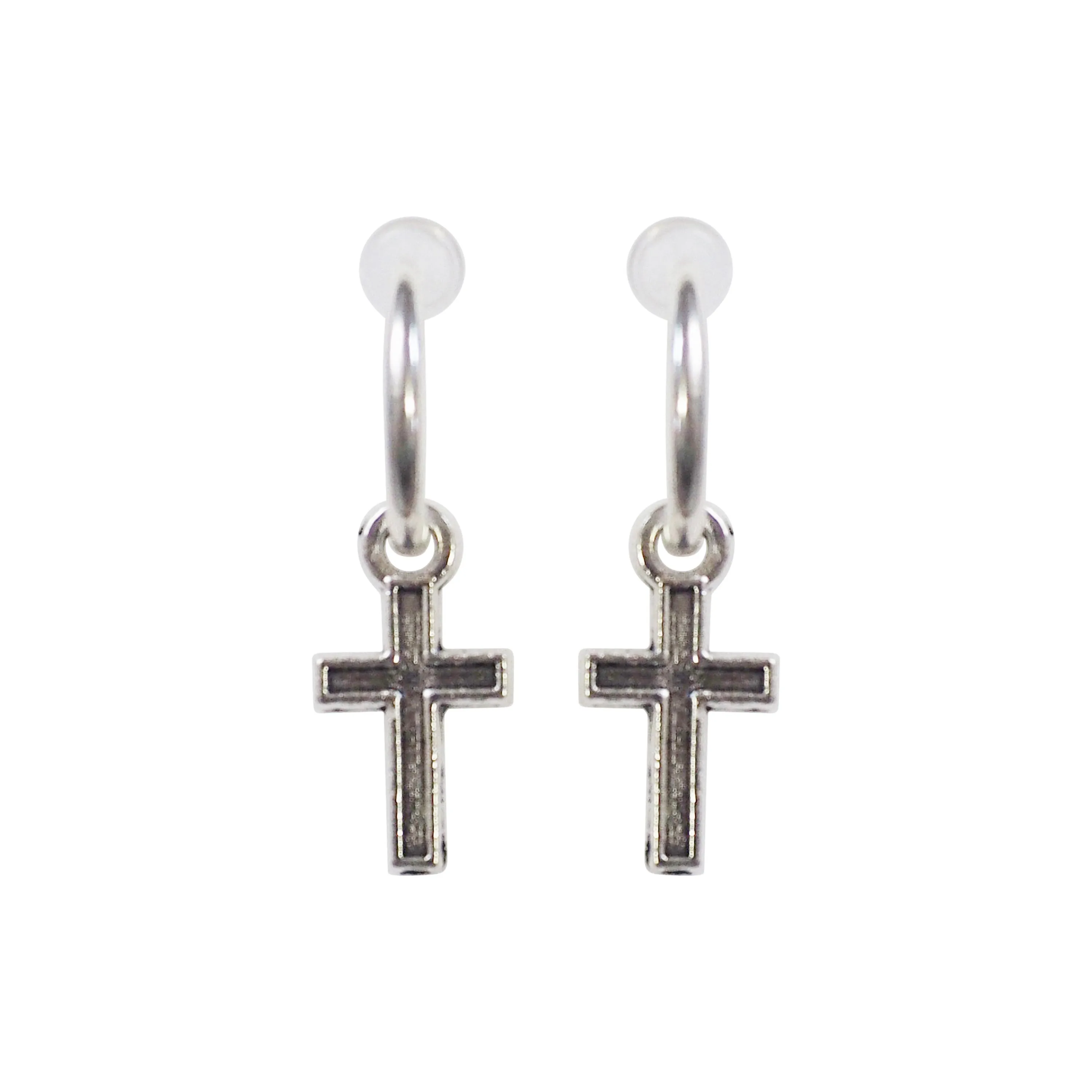 Dangle Silver Unisex Small Cross Hoop Invisible Clip On Stud Earrings