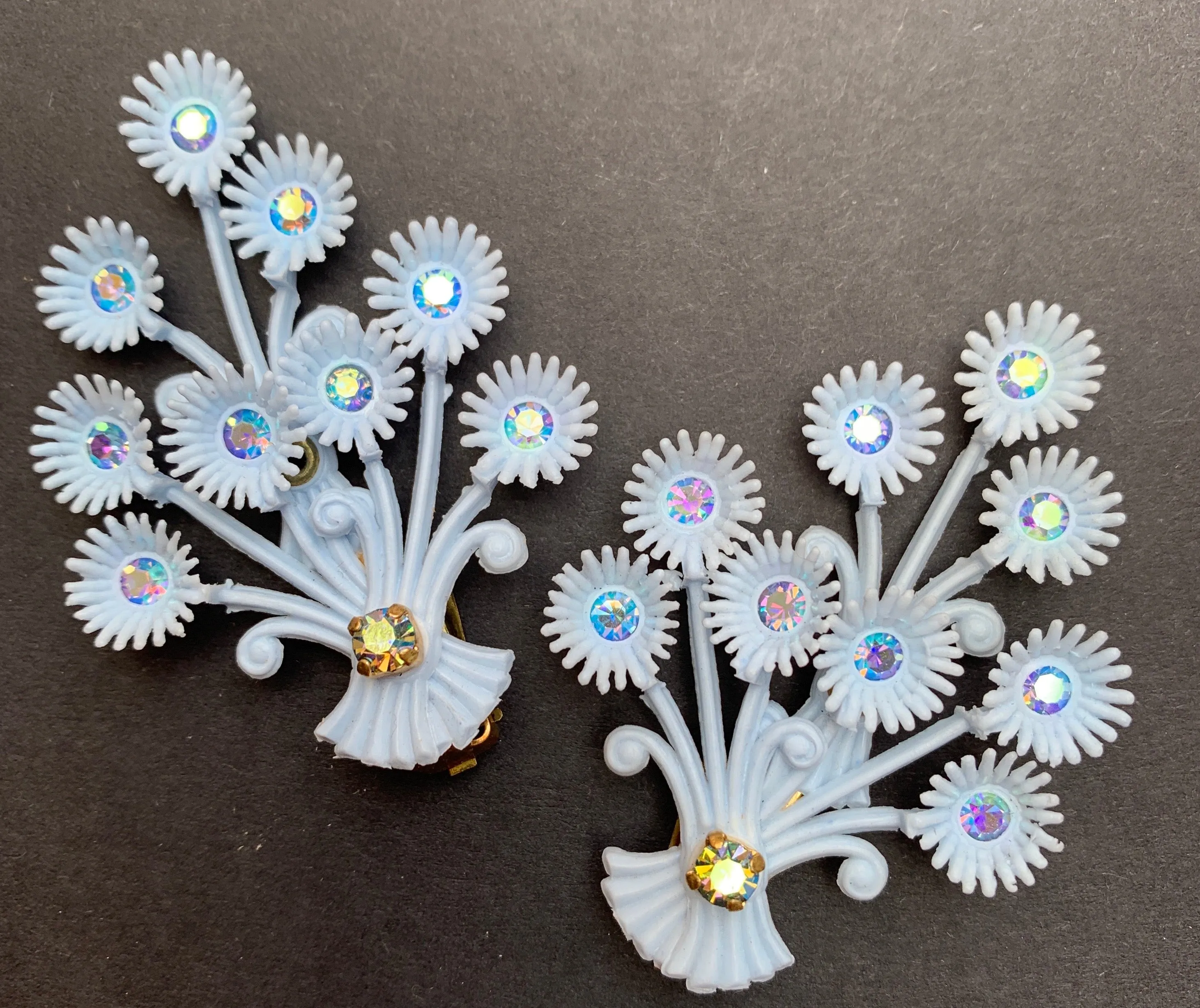 Demure yet Confident Flourish of Pale Blue Flowers - Vintage Clip-On Earrings