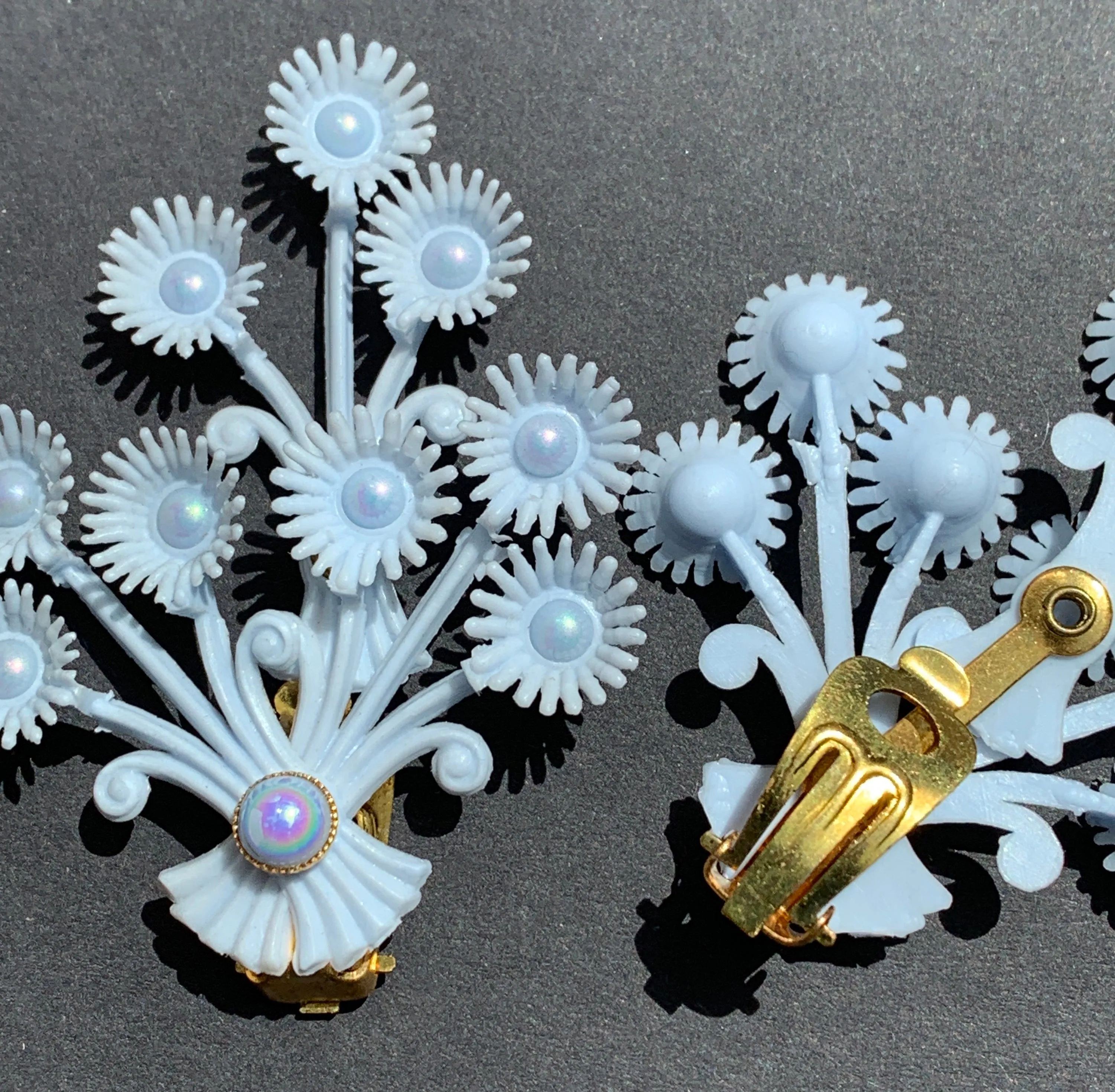 Demure yet Confident Flourish of Pale Blue Flowers - Vintage Clip-On Earrings