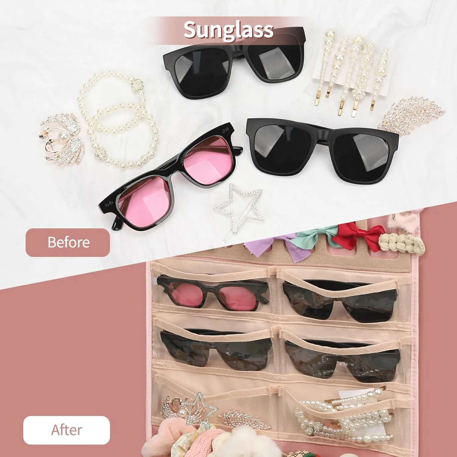 Ethereal Hanging Claw Clip Organizer and Hair Bows Holder With Hanger Metal Hooks, Sunglasses Storage, Hair Clip and Scrunchies Holder, Pink