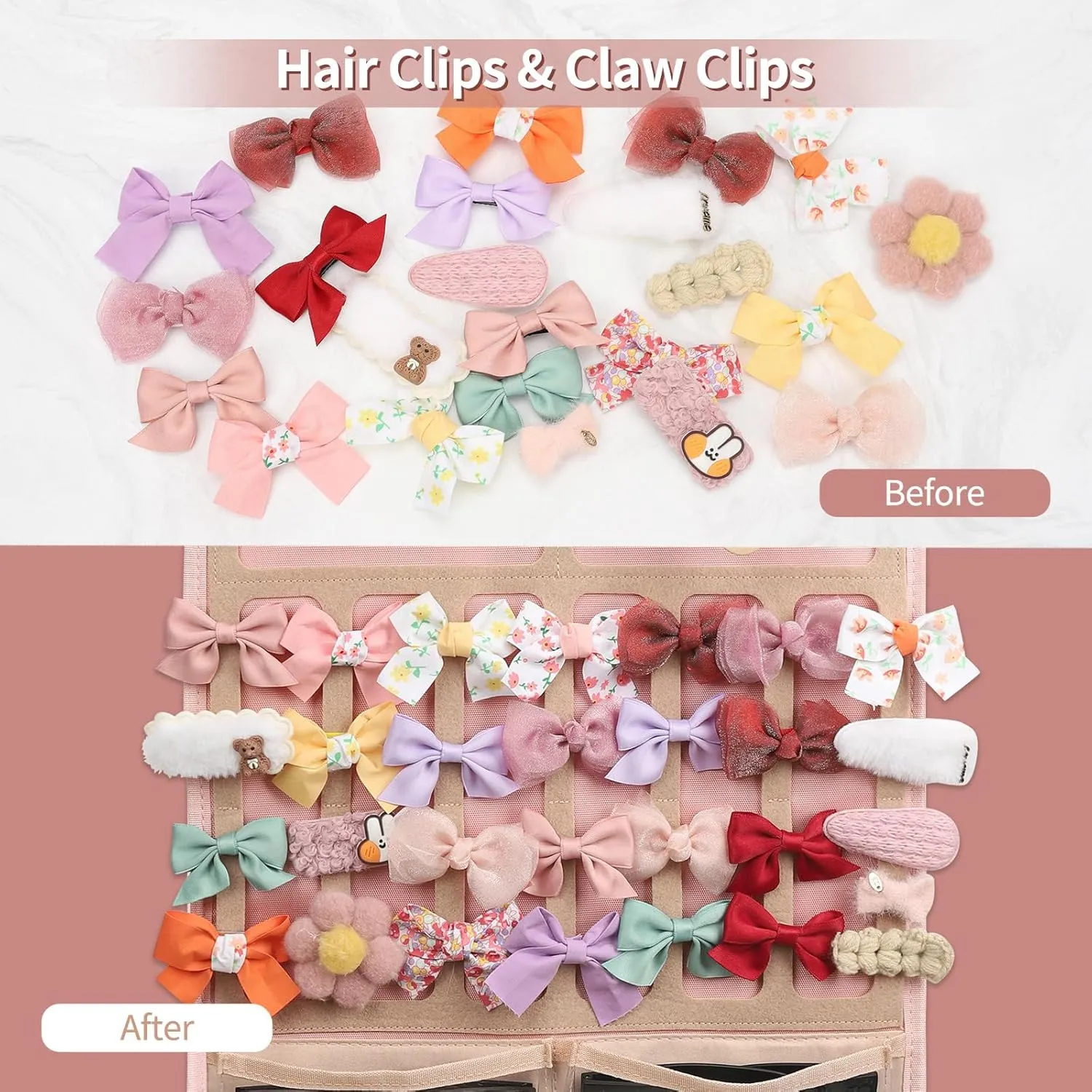 Ethereal Hanging Claw Clip Organizer and Hair Bows Holder With Hanger Metal Hooks, Sunglasses Storage, Hair Clip and Scrunchies Holder, Pink