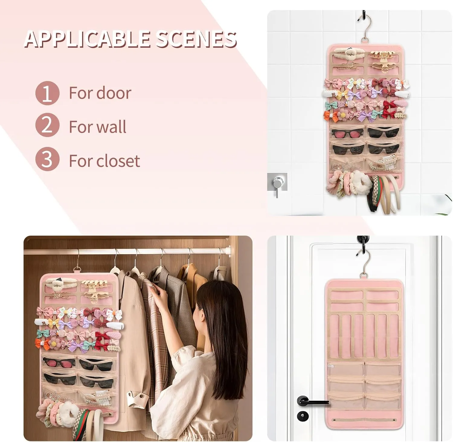 Ethereal Hanging Claw Clip Organizer and Hair Bows Holder With Hanger Metal Hooks, Sunglasses Storage, Hair Clip and Scrunchies Holder, Pink