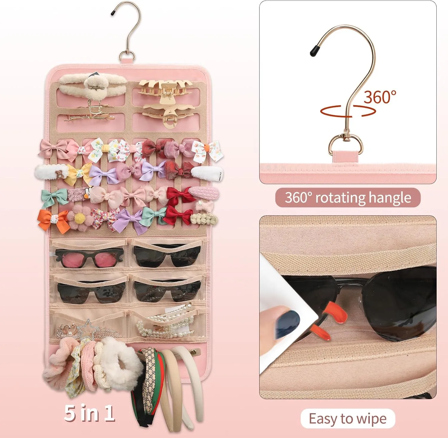Ethereal Hanging Claw Clip Organizer and Hair Bows Holder With Hanger Metal Hooks, Sunglasses Storage, Hair Clip and Scrunchies Holder, Pink