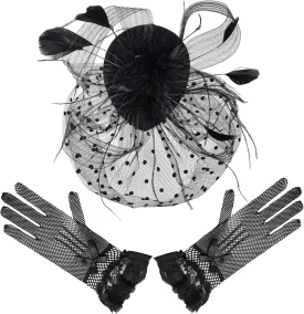 Fascinators Hat for Women 1950s Vintage Pillbox Hat and Lace Gloves Cocktail Tea Party Halloween Headwear