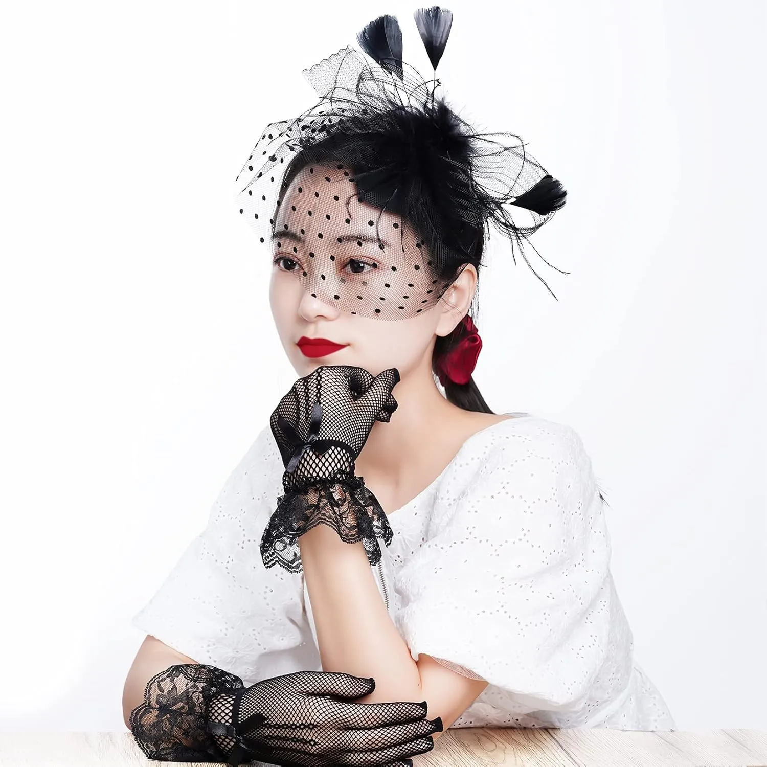 Fascinators Hat for Women 1950s Vintage Pillbox Hat and Lace Gloves Cocktail Tea Party Halloween Headwear