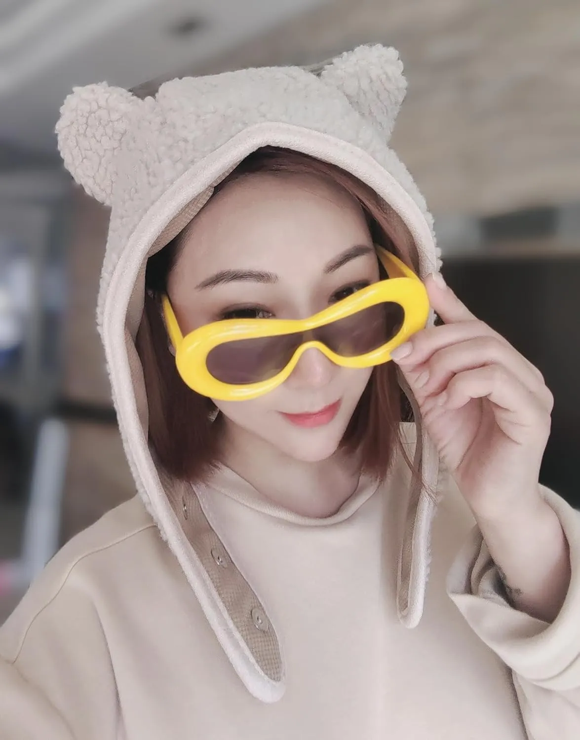 Fleece Beanie Hats for Women Men Bear Safety Hat Magnetic Buckle Ear Projection Cute Outdoor Winter Hat