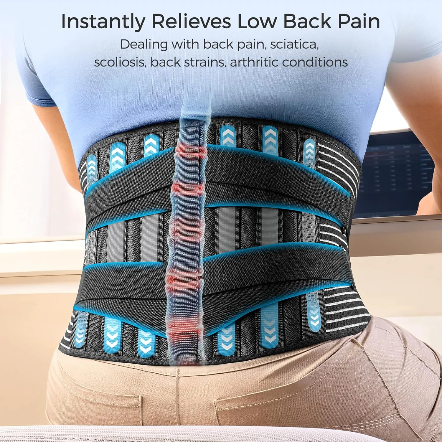 FREETOO Back Braces for Lower Back Pain Relief with 6 Stays, Breathable Back Support Belt for Men/Women for work , Anti-skid lumbar support belt with 16-hole Mesh for sciatica(L)