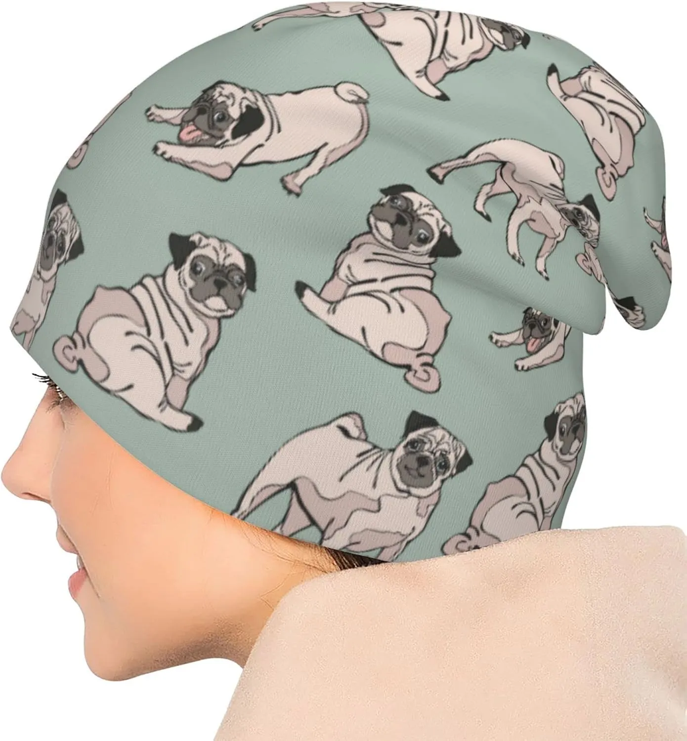 Funny Pug Beanie Hat Adult Skull Cap Warm Slouchy Knit Hat Headwear Gift for Men Women