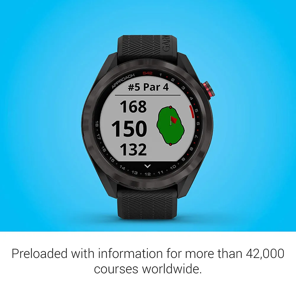 Garmin Approach S42 Lightweight Touchscreen Gunmetal Ceramic Bezel Black Silicone Band GPS Golf Smart Watch - 010-02572-10