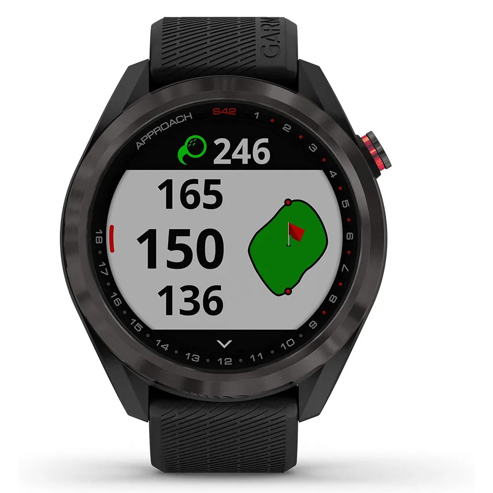 Garmin Approach S42 Lightweight Touchscreen Gunmetal Ceramic Bezel Black Silicone Band GPS Golf Smart Watch - 010-02572-10