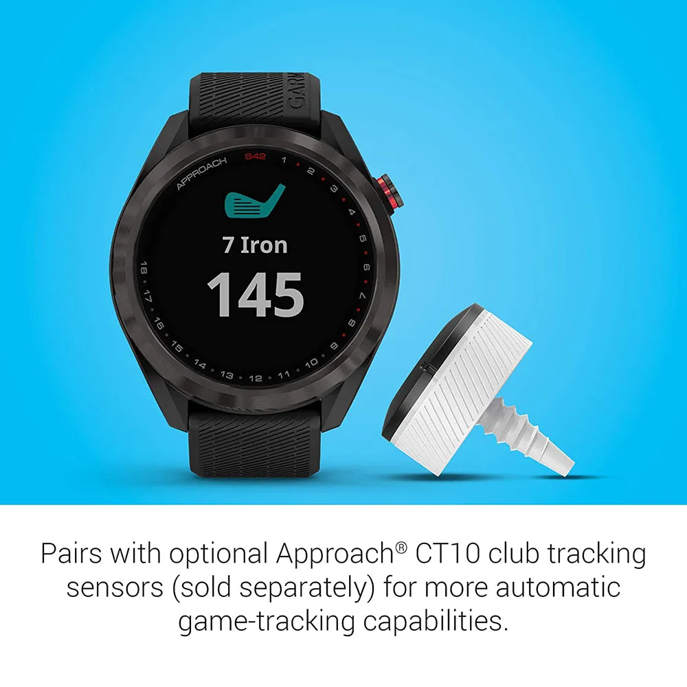 Garmin Approach S42 Lightweight Touchscreen Gunmetal Ceramic Bezel Black Silicone Band GPS Golf Smart Watch - 010-02572-10