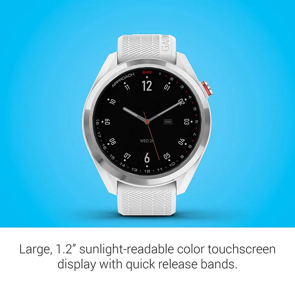 Garmin Approach S42 Touchscreen Lightweight Silver Ceramic Bezel White Silicone Band GPS Golf Smartwatch - 010-02572-11