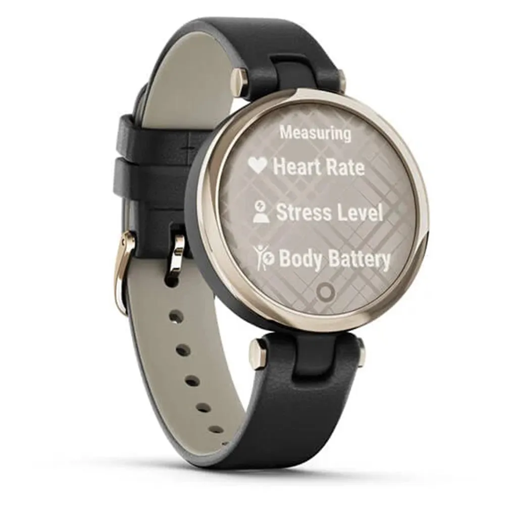 Garmin Lily Small GPS Touchscreen Patterned Lens Cream Gold Bezel with Black Case and Italian Leather Band Smartwatch - 010-02384-A1