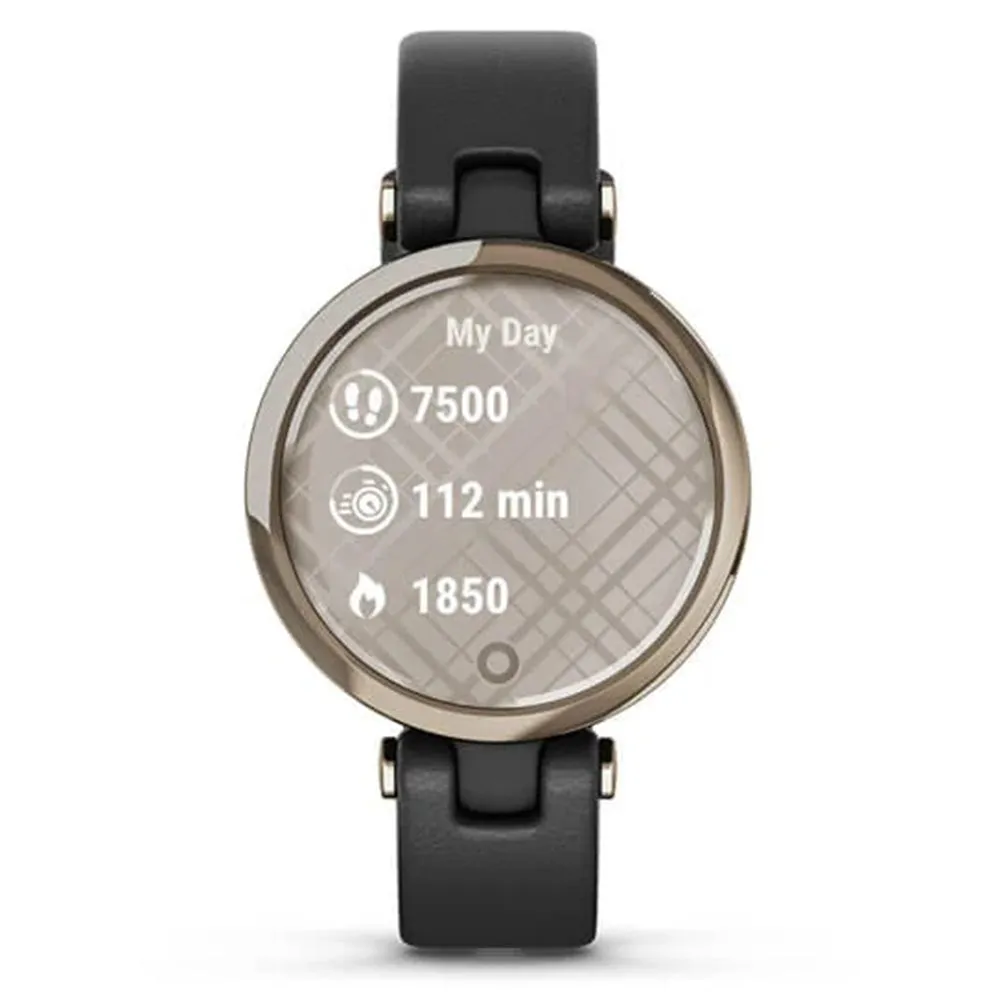 Garmin Lily Small GPS Touchscreen Patterned Lens Cream Gold Bezel with Black Case and Italian Leather Band Smartwatch - 010-02384-A1